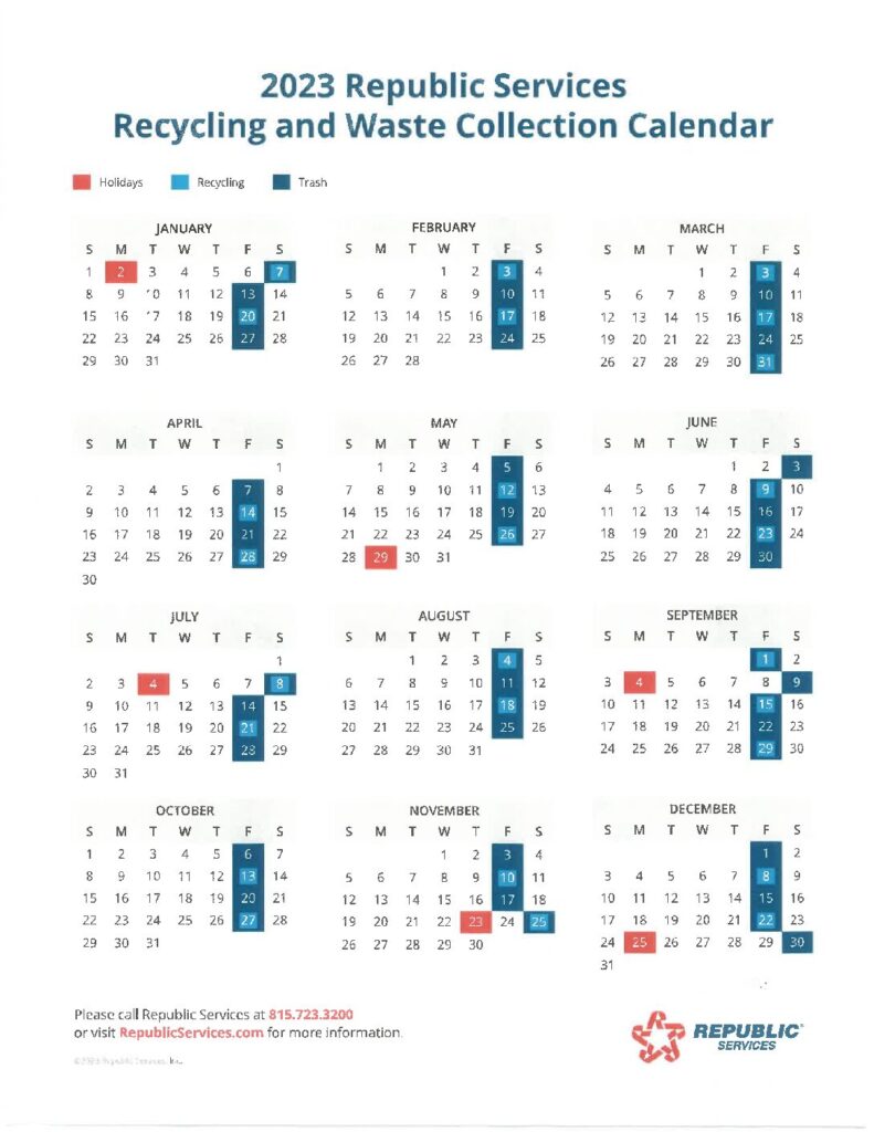 2023 Republic Services Recycling/Waste Calendar City of Minonk